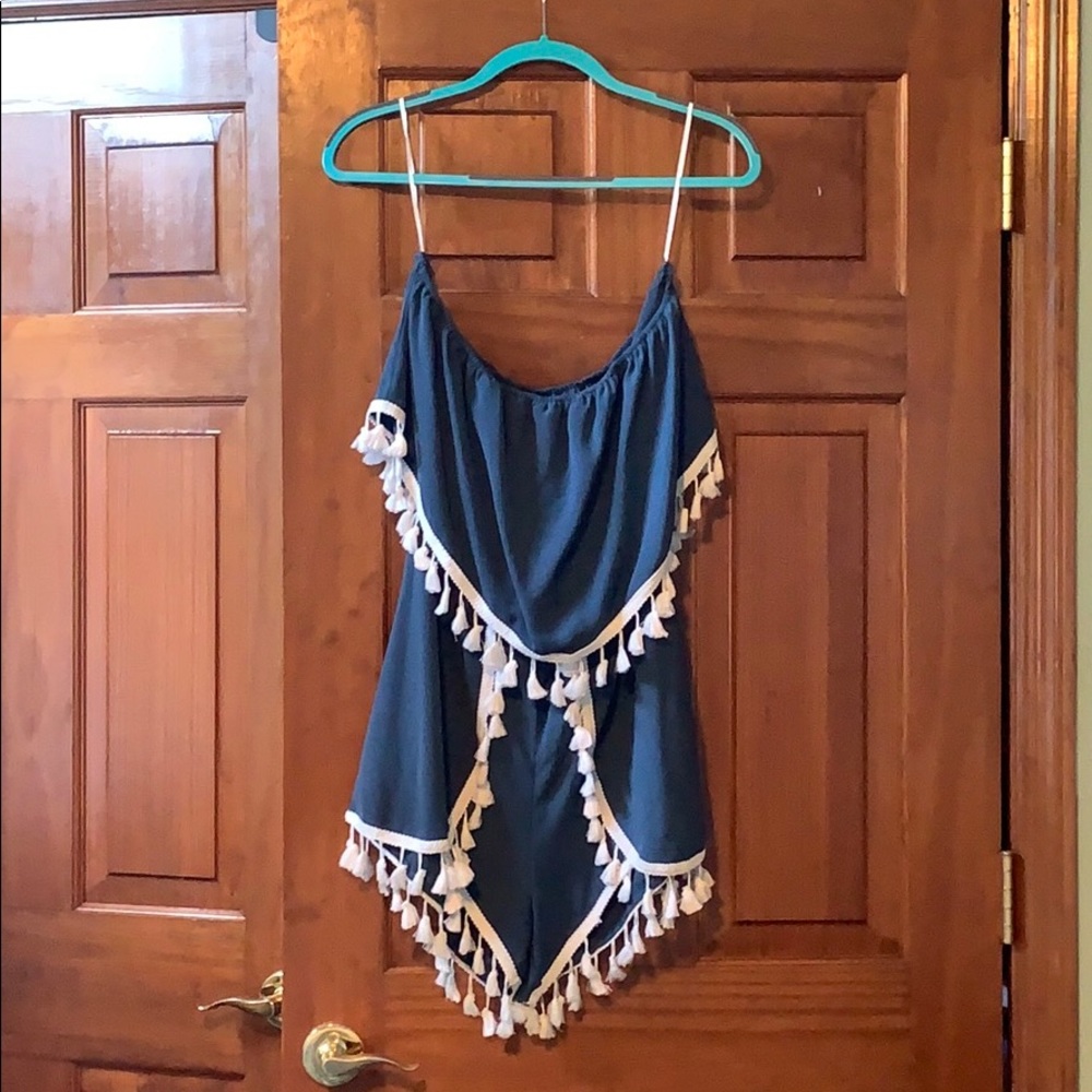Strapless Blue Romper with Tassles